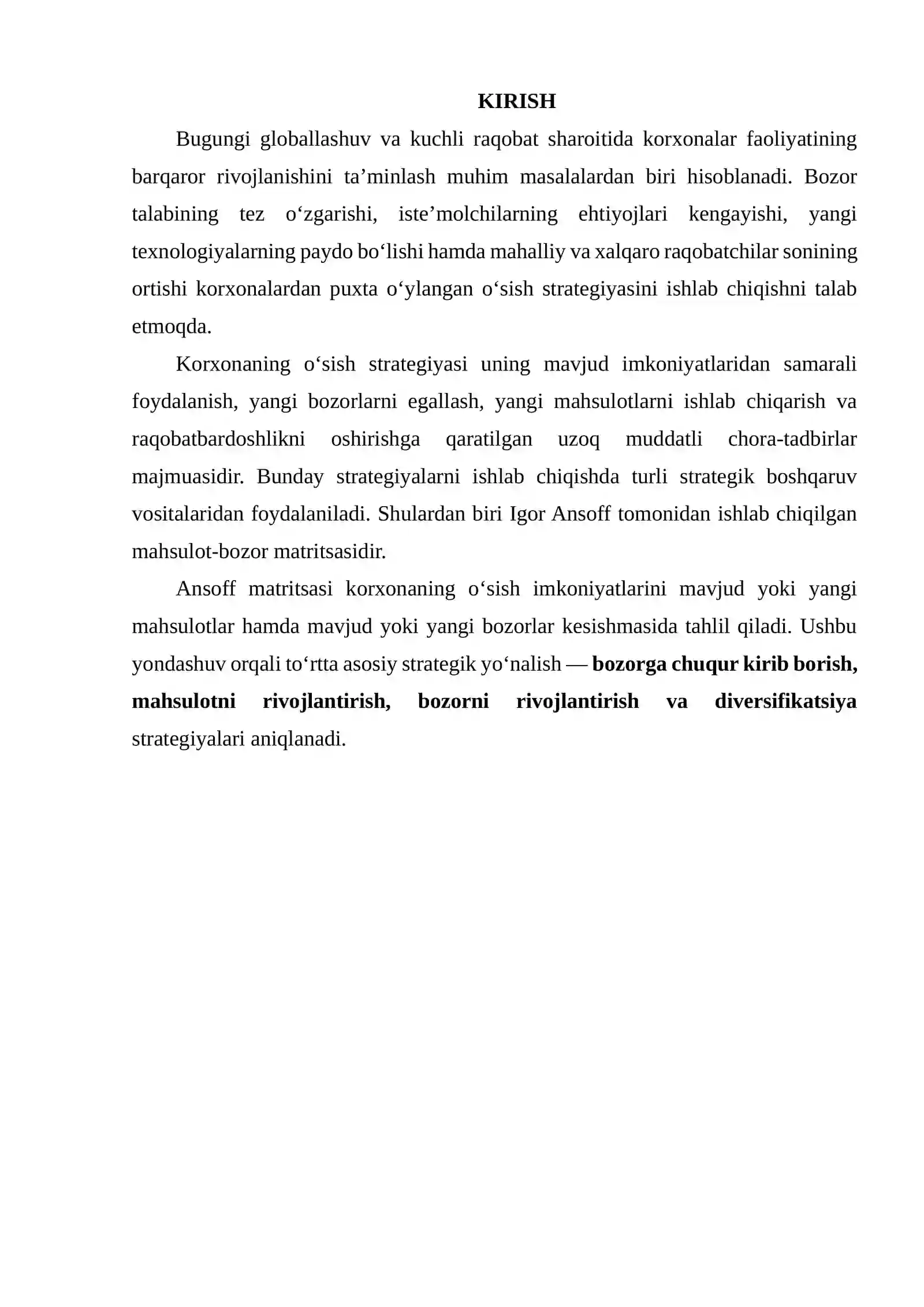 TANLANGAN KORXONANING O‘SISH STRATEGIYASINI ANSOFF MATRITSASI ASOSIDA ISHLAB CHIQISH 2