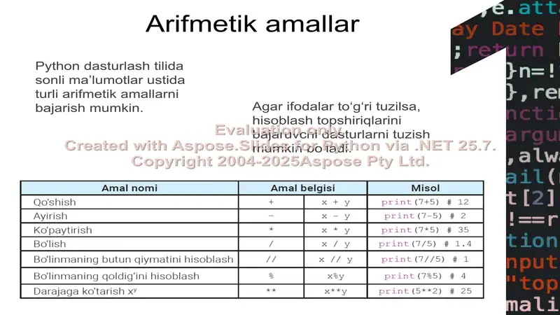 Python Arifmetik Amallarni Bajarish 2