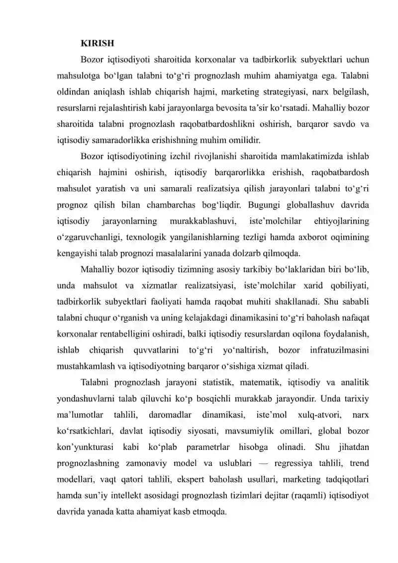 MAHALLIY BOZORIDA TALABNI PROGNOZ QILISH VA BERILGAN MASALAGA ANIQ YECHIMLAR ISHLAB CHIQISH 2