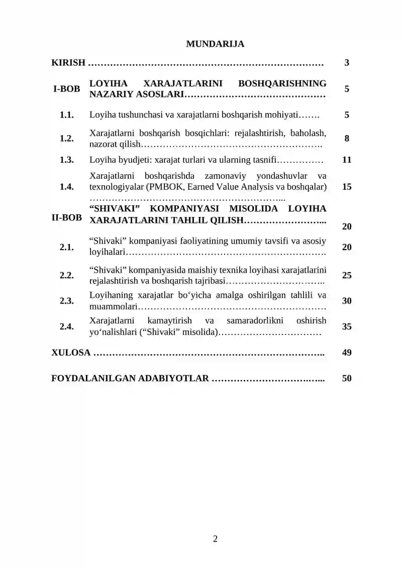 "LOYIHA XARAJATLARINI BOSHQARISHNI TAHLIL QILISH" MAVZUSIDA YOZGAN KURS ISHI 2