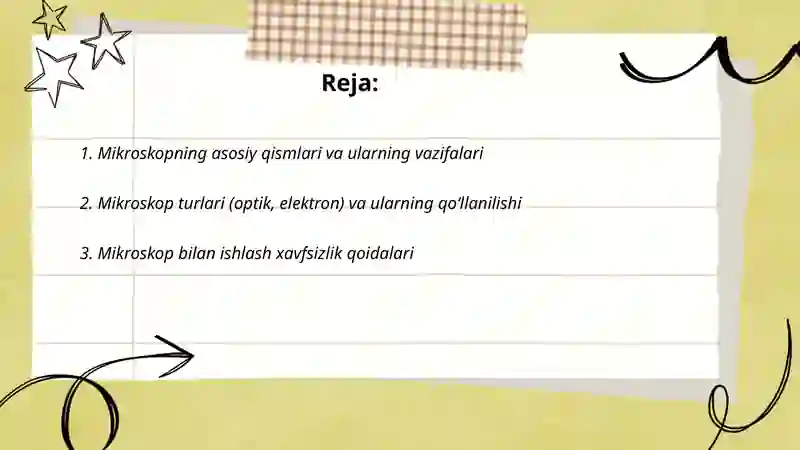 Mikroskop. Mikroskop bilan ishlash qoidasi. Vaqtinchalik preparatlar tayyorlash. Viruslar. Pro-eukariot hujayralar. Ularning o‘ziga xos umumiy tuzilishi va farqlari. 2