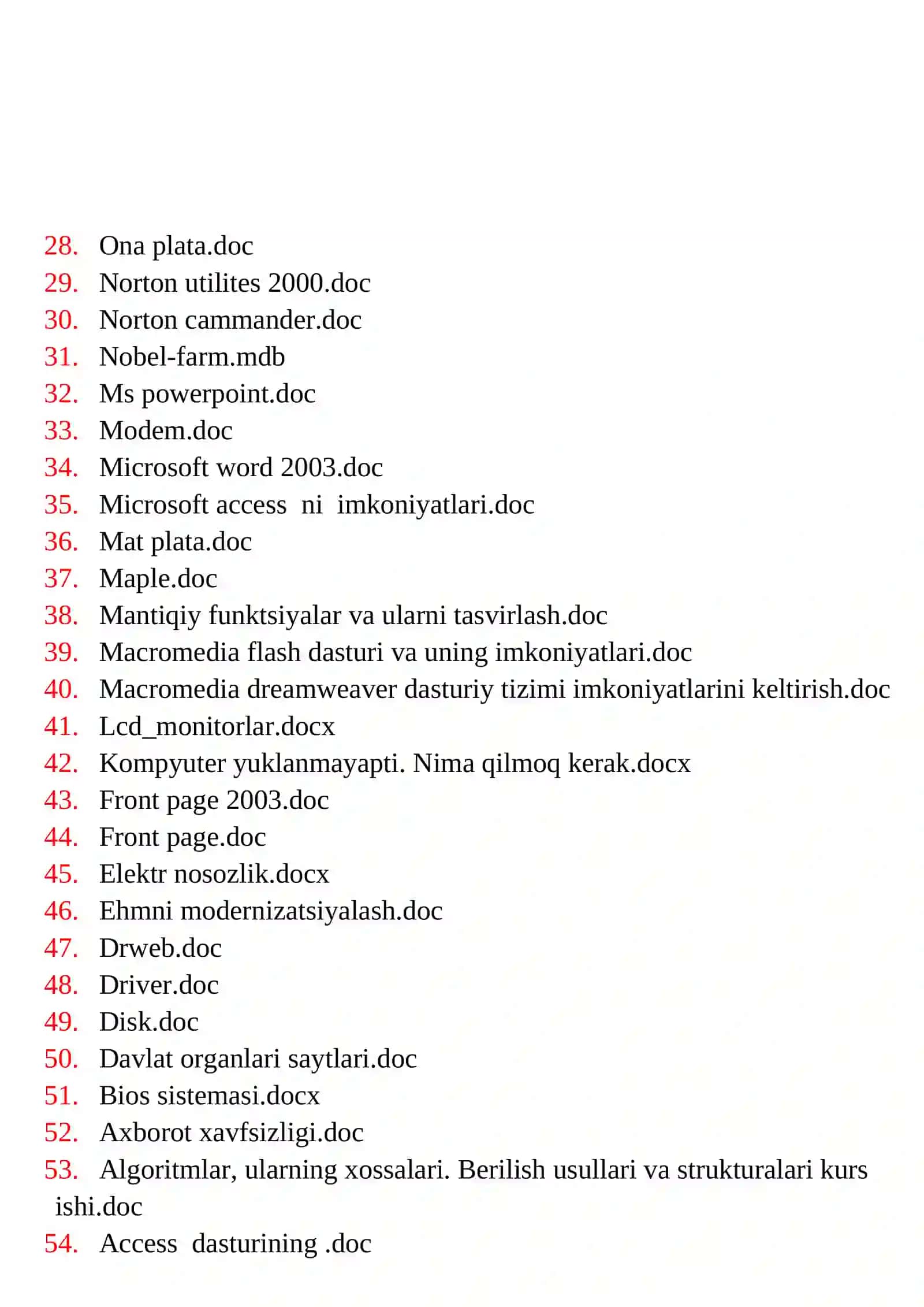 Informatika Fanidan Kurs ishlari Ro’yxati 2
