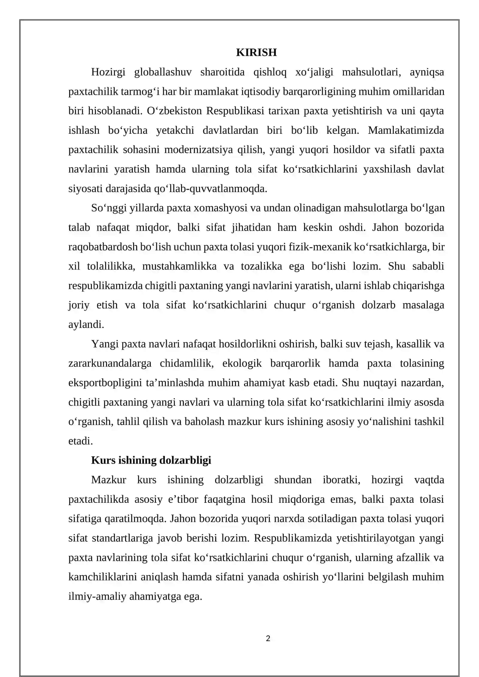RESPUBLIKAMIZDA CHIGITLI PAXTANING YANGI NAVLARINI VA TOLASINING SIFAT KO‘RSATKICHLARINI O‘RGANISH 2