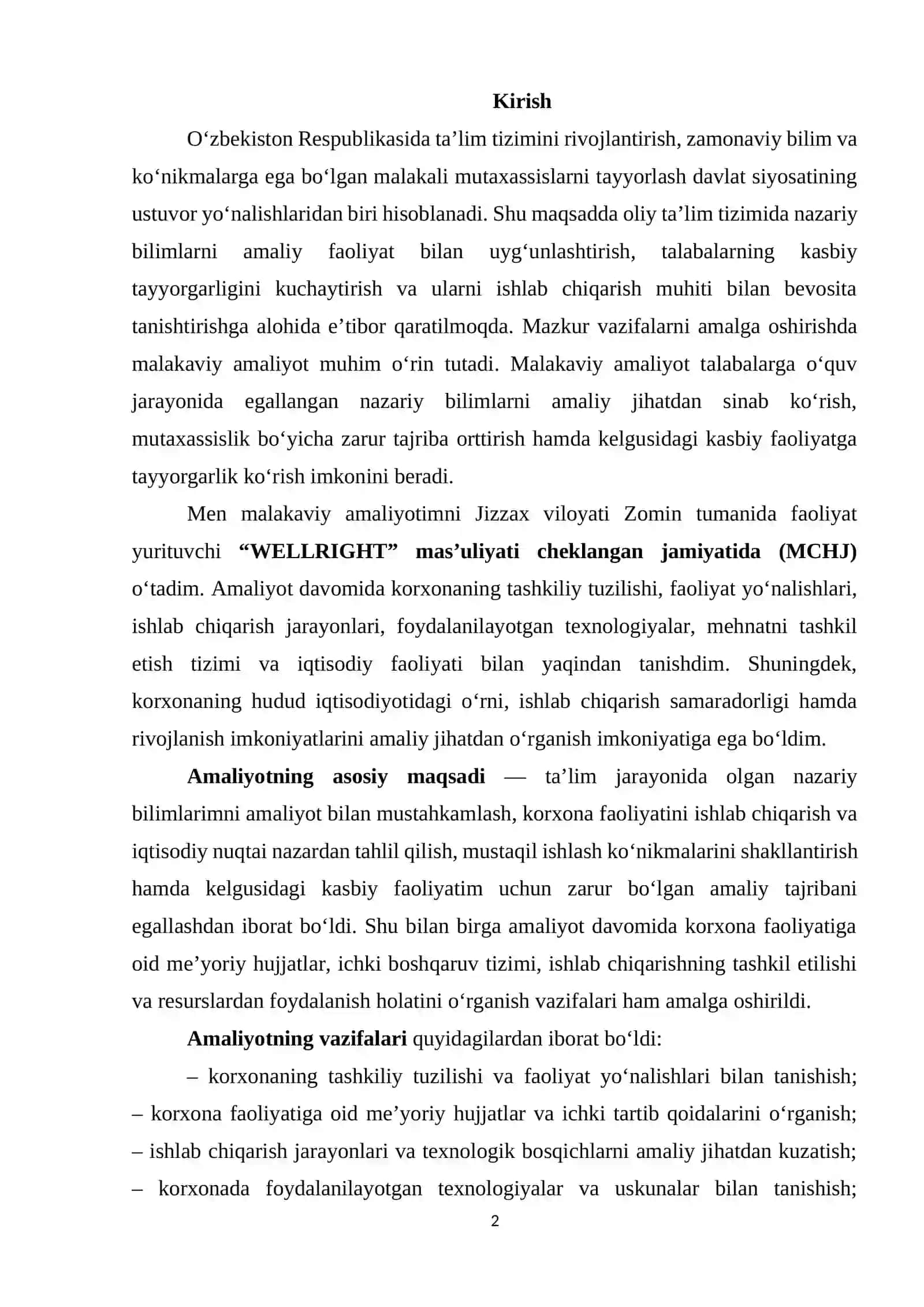 Jizzax viloyati Zomin tumani "WELLRIGHT MCHJ" Malakaviy amaliyot 2
