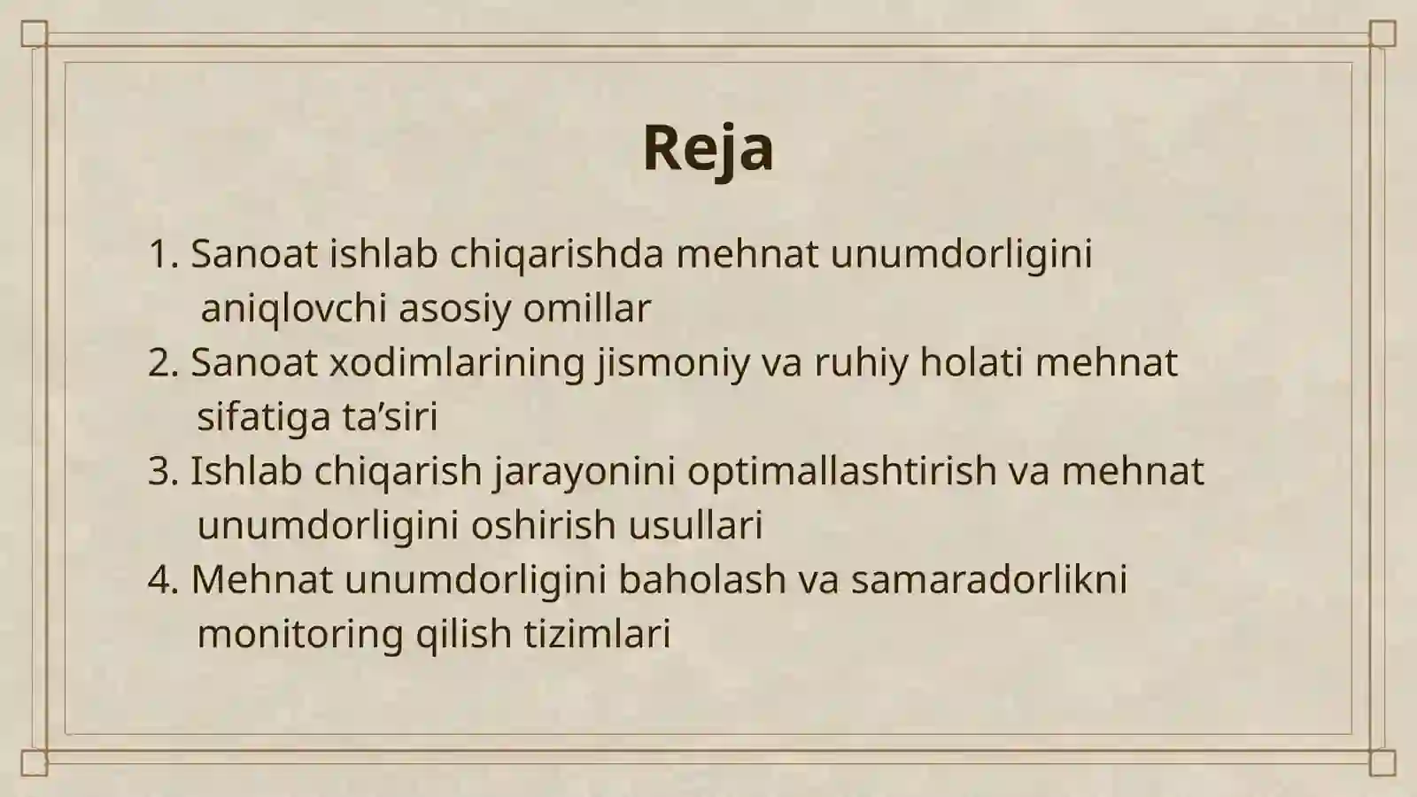 SANOAT ISHLAB CHIQARISH XODIMLARI MEHNAT UNIMDORLIGIGA TASIR ETUVCHI OMILLAR VA ULARNI TAHLILI 2