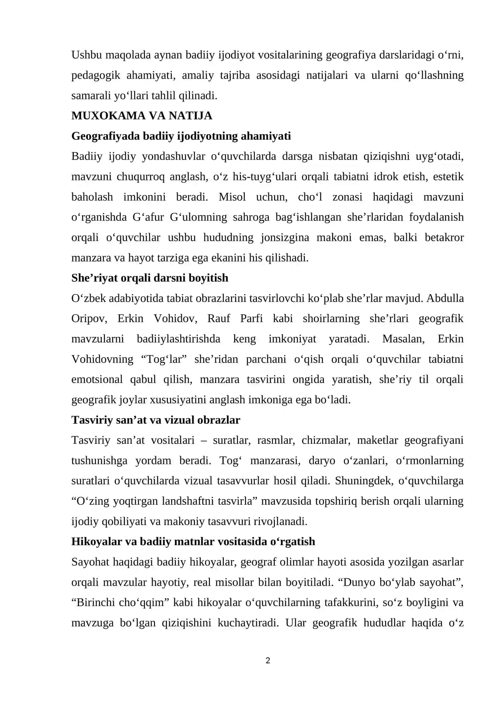 MAKTAB TABIIY GEOGRAFIYASI DARSLARIDA BADIIY IJODIYOTDAN FOYDALANISHNING O‘ZIGA XOS JIHATLARI VA XUSUSIYATLAR 2