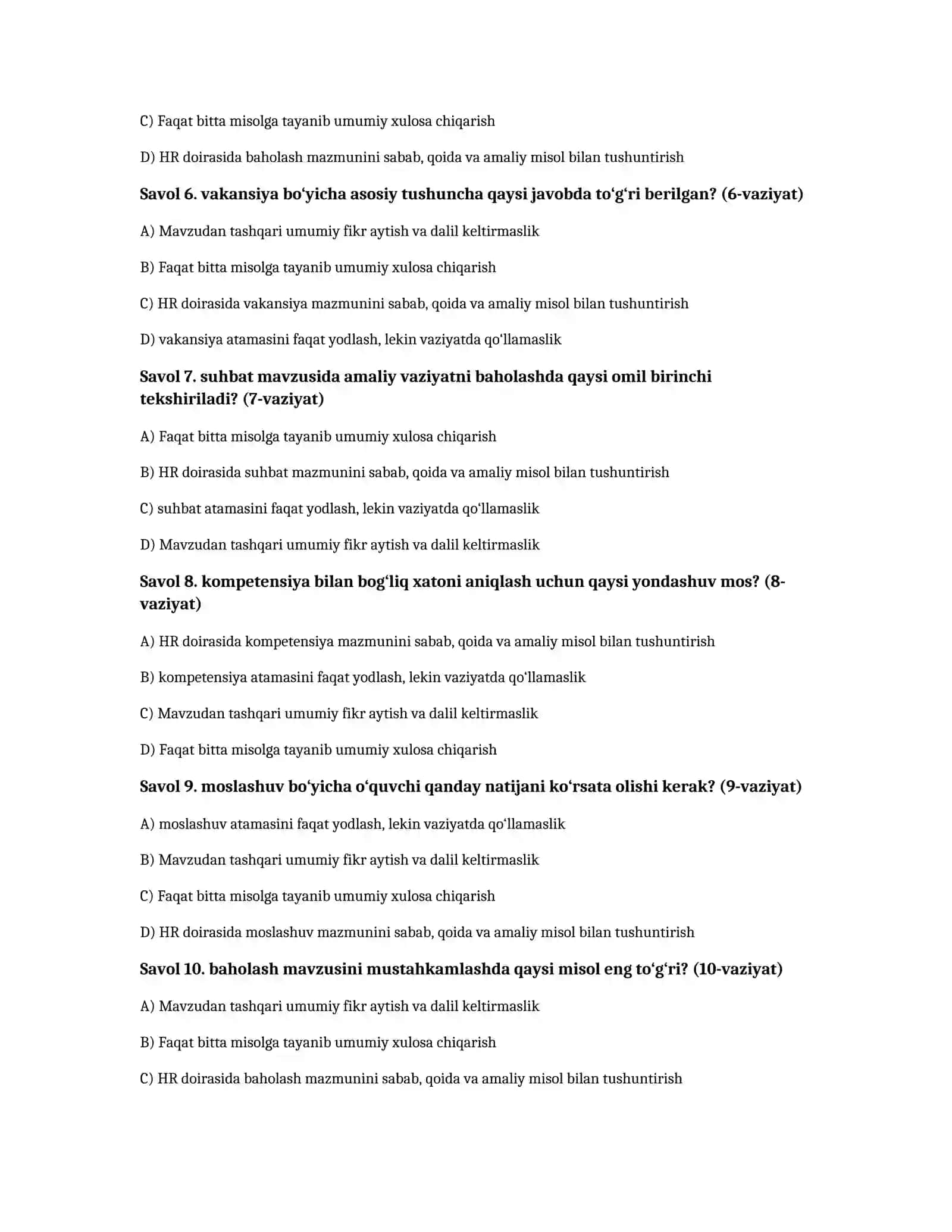 HR intervyu va kadrlar boshqaruvi — 100 test 2