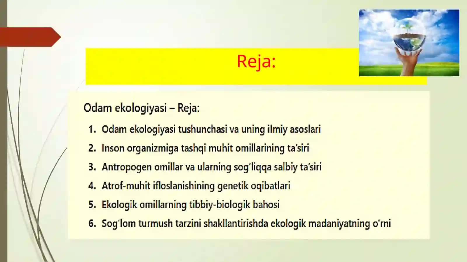 Abdusamatova Marjona - Tibbiy biologiya va umumi genetika fanidan odamekologiyasi 2