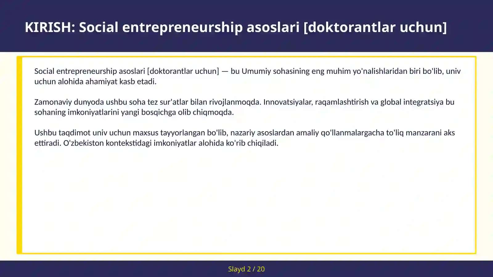 SOCIAL ENTREPRENEURSHIP ASOSLARI [DOKTORANTLAR UCHUN] 2