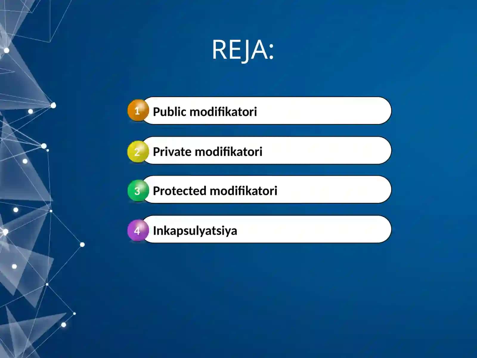 Modifikator ruxsatlar bilan ishlash. Inkapsulyatsiya (Private, protected, public) 2