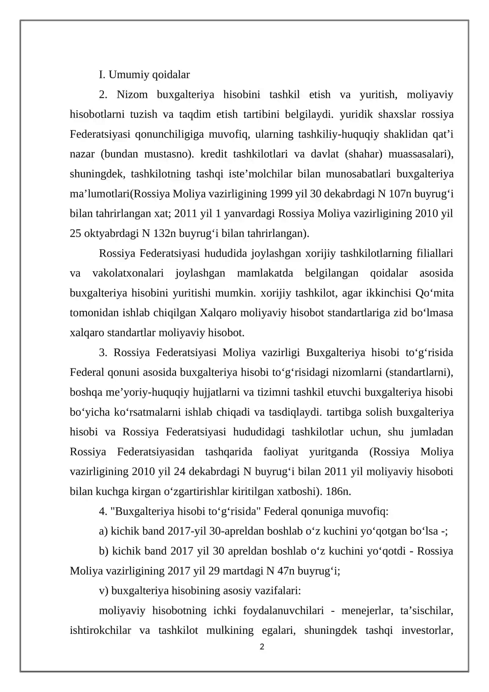ROSSIYA FEDERATSIYASIDA BUXGALTERIYA HISOBI VA MOLIYAVIY HISOBOTNI YURITISH TO‘G‘RISIDAGI NIZOM 2