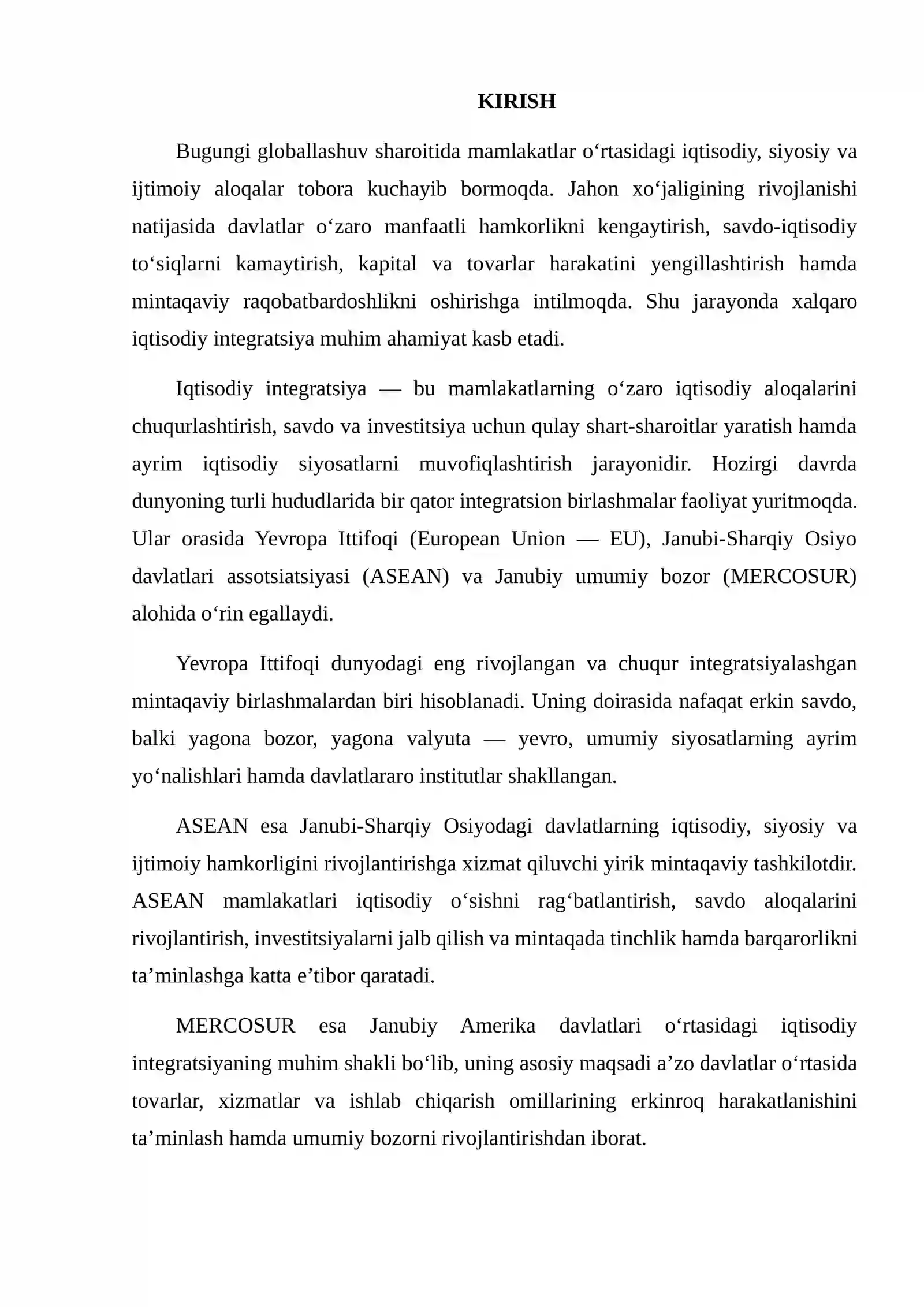 YEVROPA ITTIFOQI, ASEAN VA MERCOSUR INTEGRATSION BIRLASHMALARINING FAOLIYATINI O‘RGANISH 2