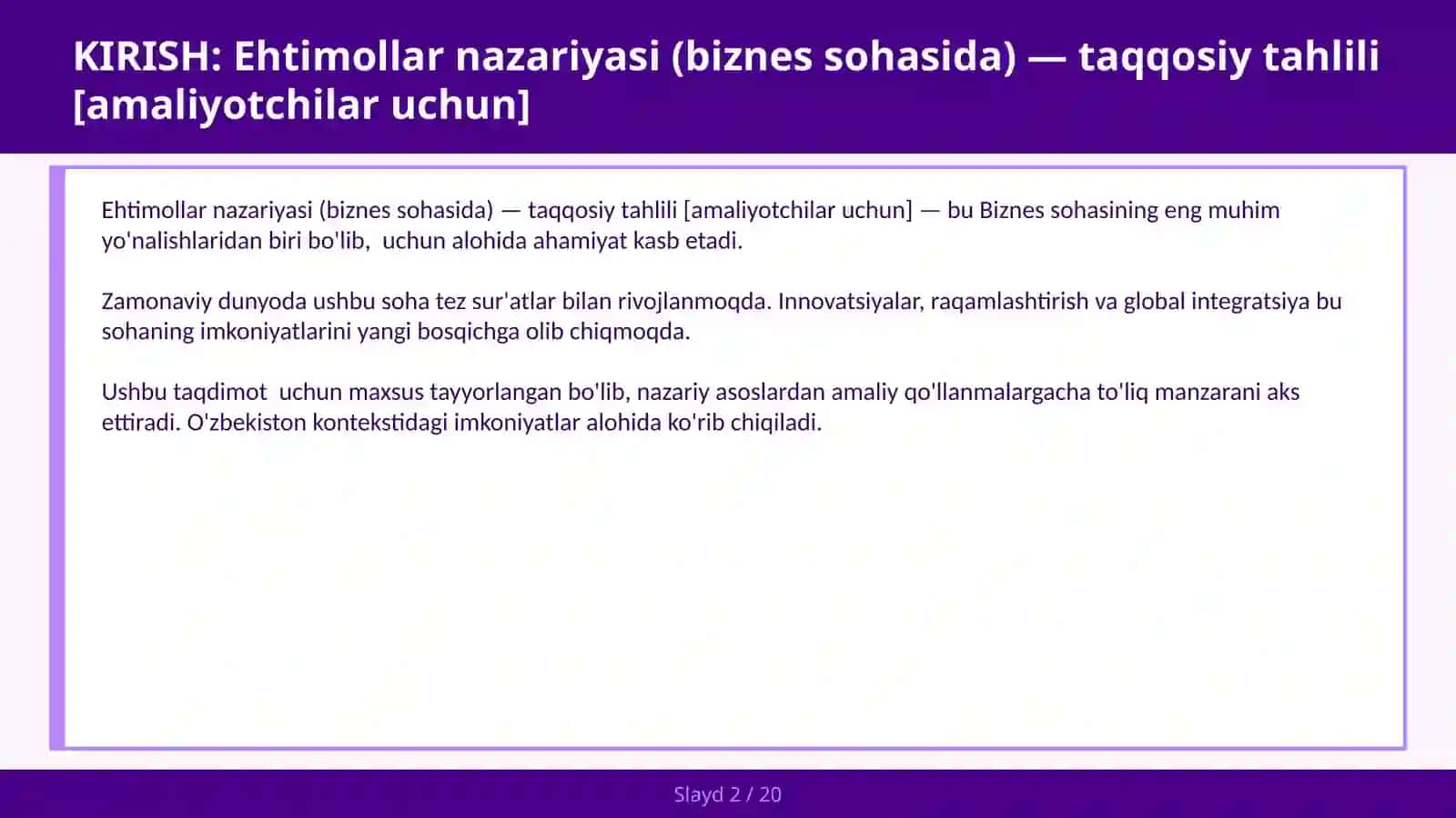 Ehtimollar nazariyasi (biznes sohasida) — taqqosiy tahlili [amaliyotchilar uchun] 2