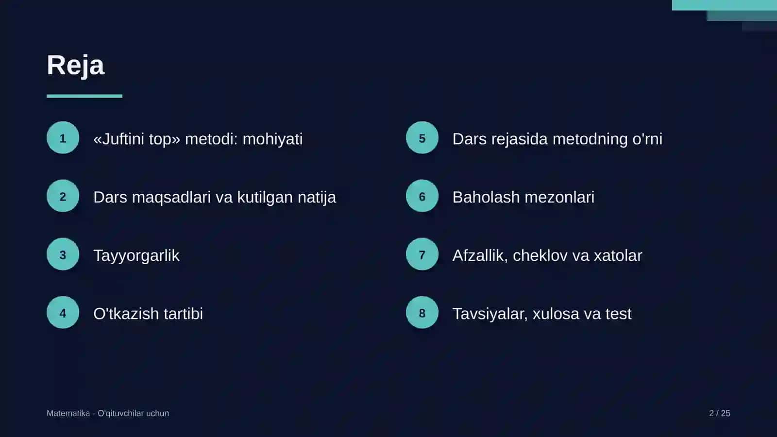 matematika darslarida juftini top metodidan foydalanish 2650 2