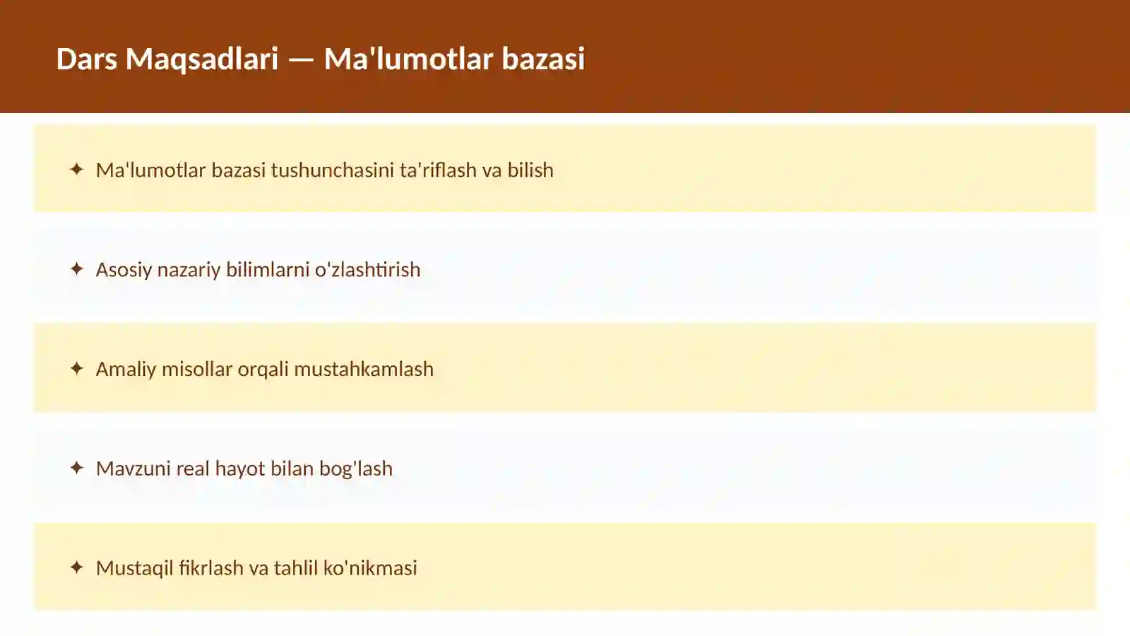 SQL O'qituvchilar va talabalar uchun dars ishlanma 2