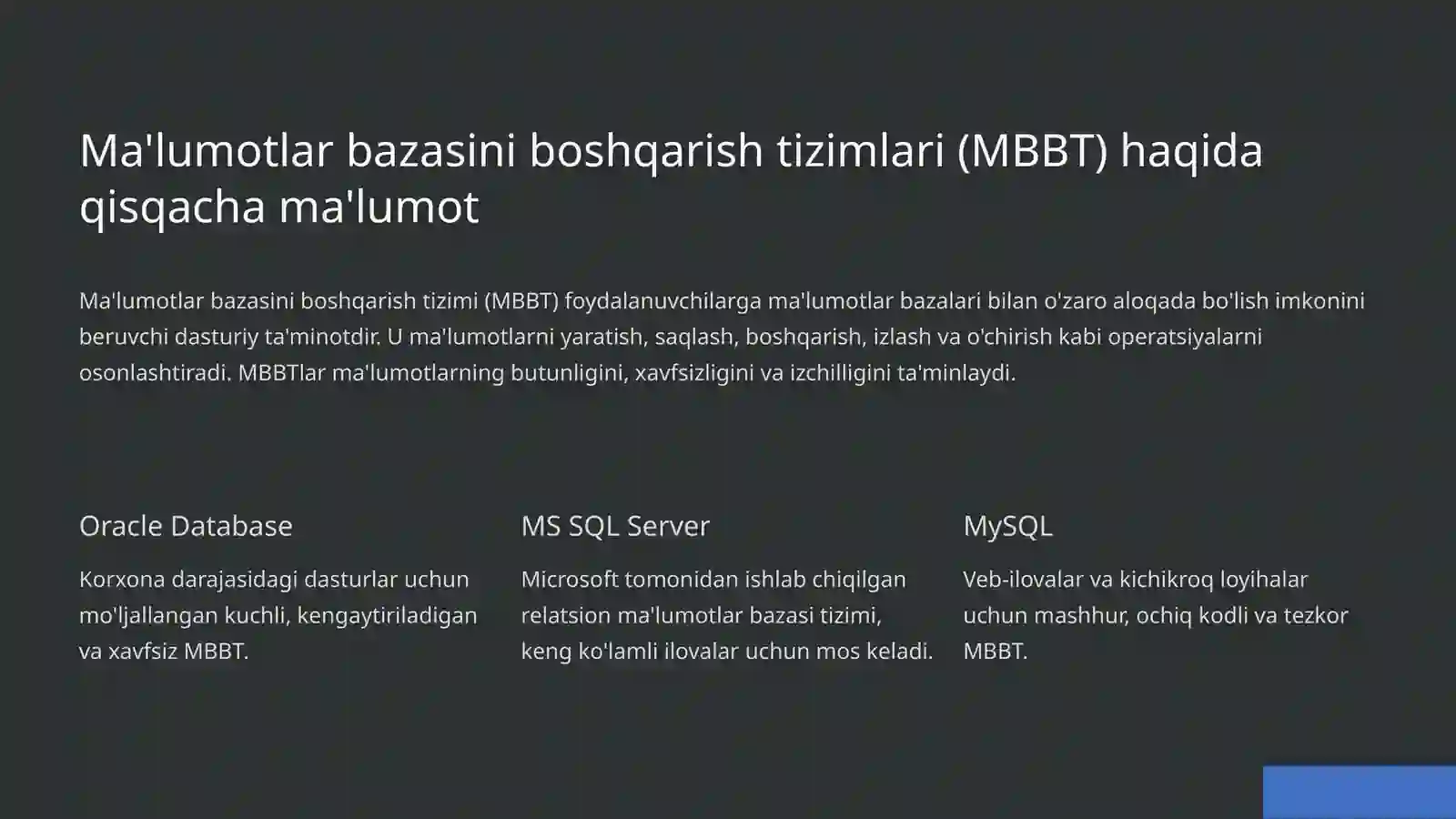 Oracle, MS SQL Server va MySQL: SQL buyruqlari asoslari 2