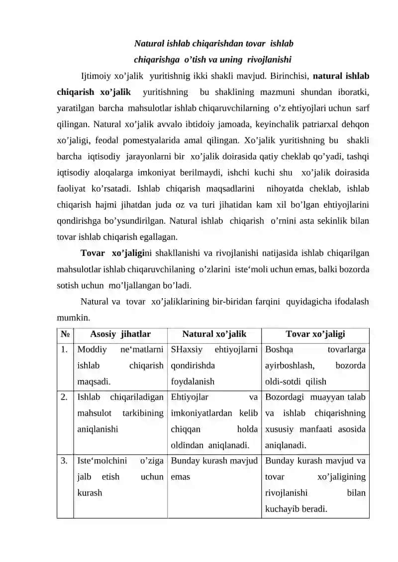 Natural va tovar xo’jaliklarining bir-biridan farqi 2