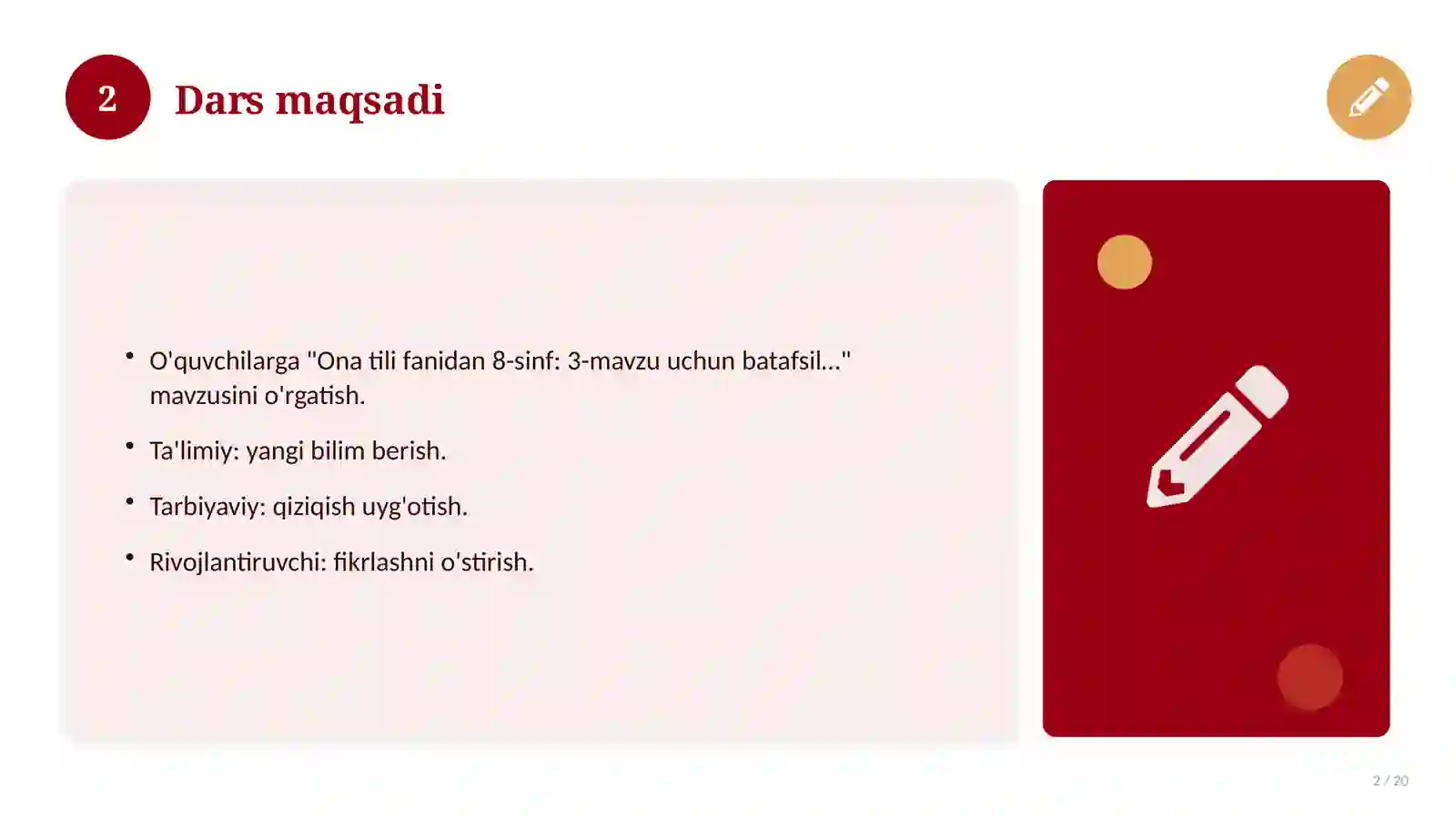 Ona tili fanidan 8-sinf: 3-mavzu uchun batafsil dars ishlanmasi 2