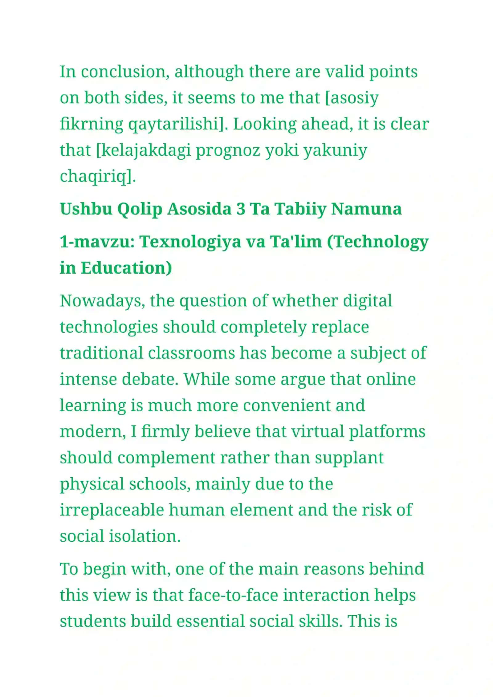Writing part 2 cefr imtihoni namunasi va qolipi 2