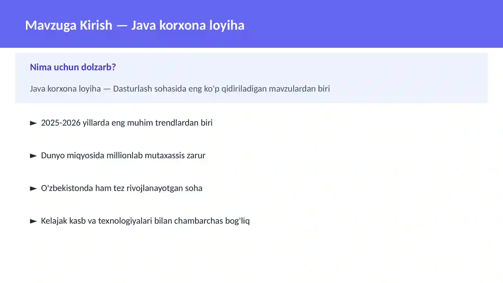 DASTURLASH | JAVA VA KORXONA 2