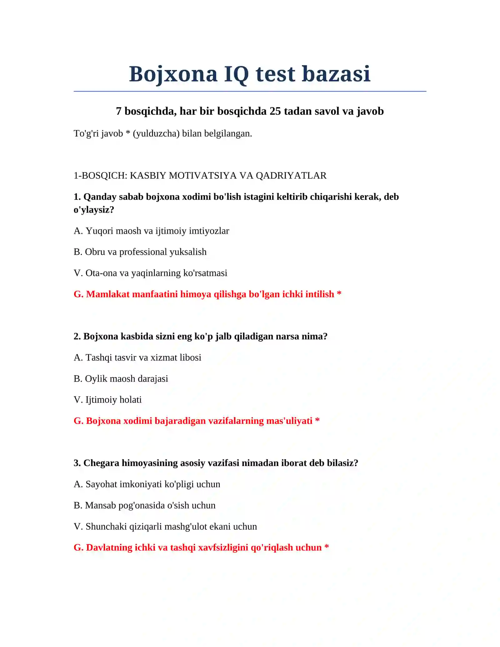 Bojxona IQ test bazasi 2