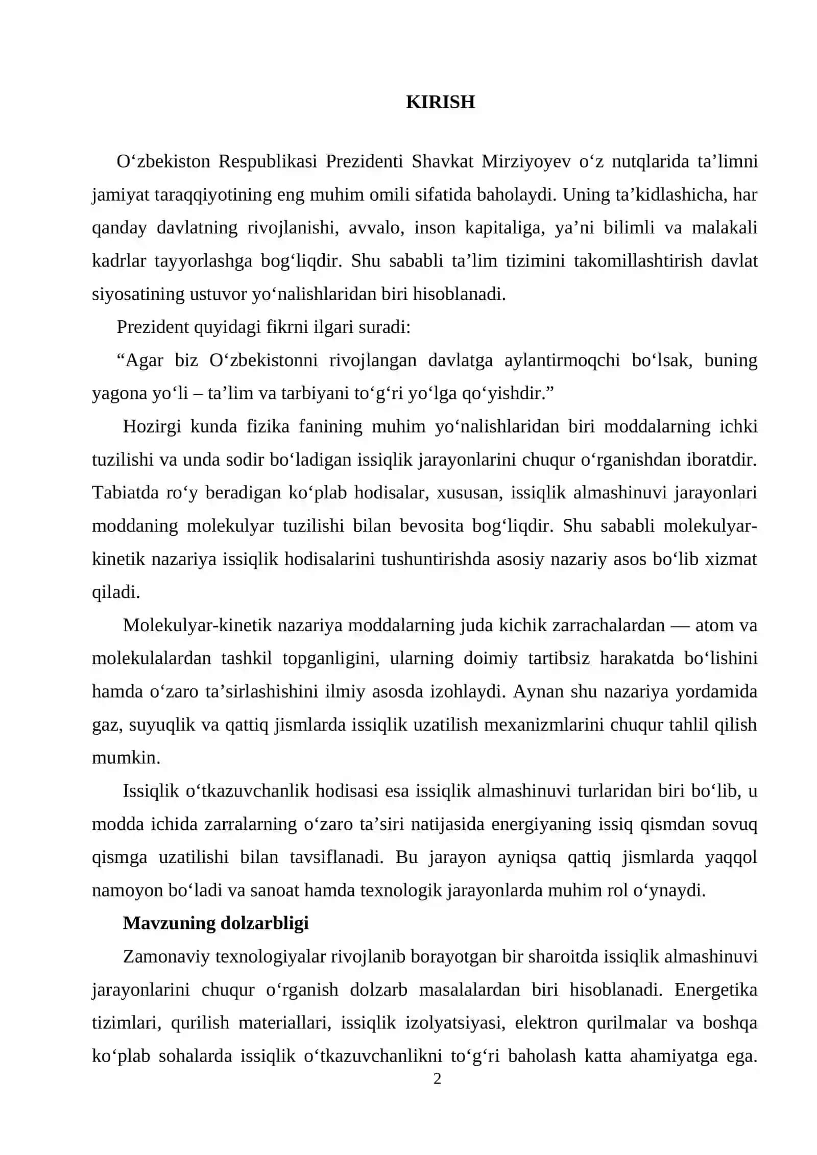 Molekulyar-kinetik nazariya asosida issiqlik o‘tkazuvchanlik jarayonini tahlil qilish 2