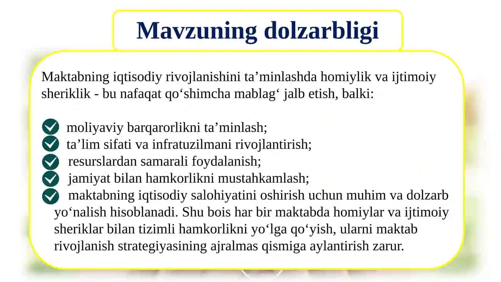 Maktabning iqtisodi yrivojlanishi 2
