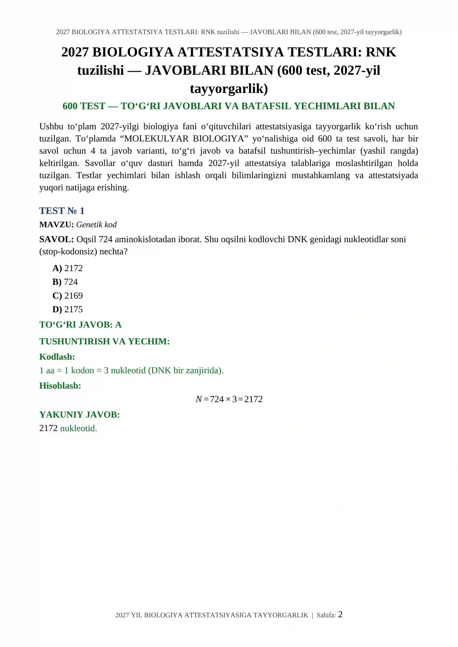 2027 BIOLOGIYA ATTESTATSIYA TESTLARI: RNK tuzilishi — JAVOBLARI BILAN (600 test, 2027-yil tayyorgarlik) 2