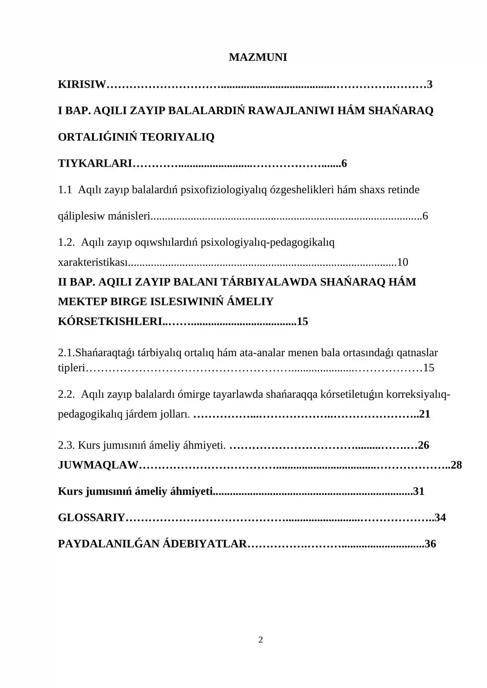 Oligofrenopedagogika: oligofrenopedagogika tálim baǵdarı 2