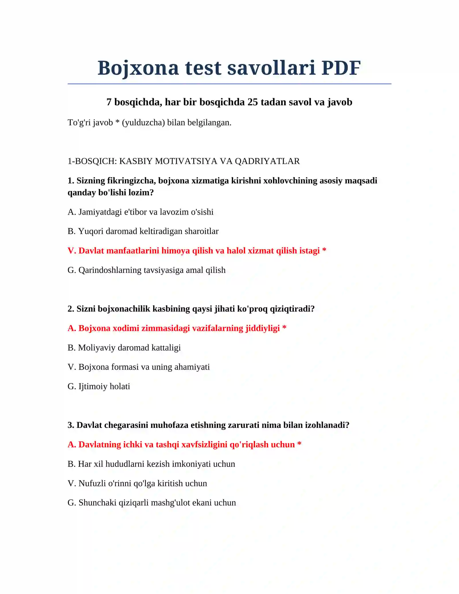 Bojxona test savollari PDF 2