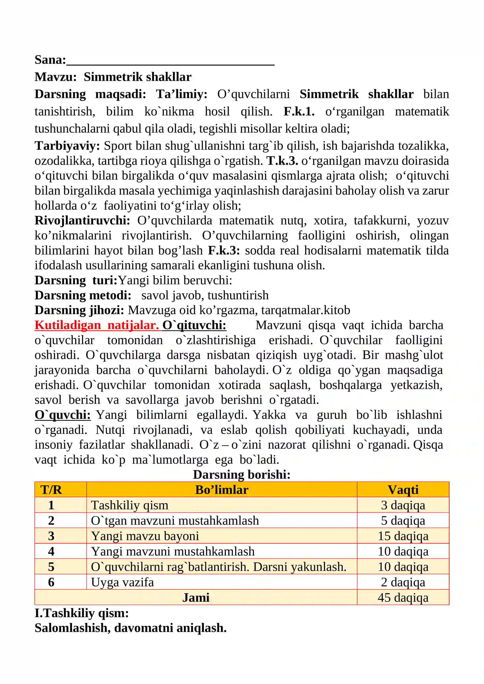 Simmetrik shakllar mavzusida 3-sinf Matematika fanidan dars ishlanmasi 2