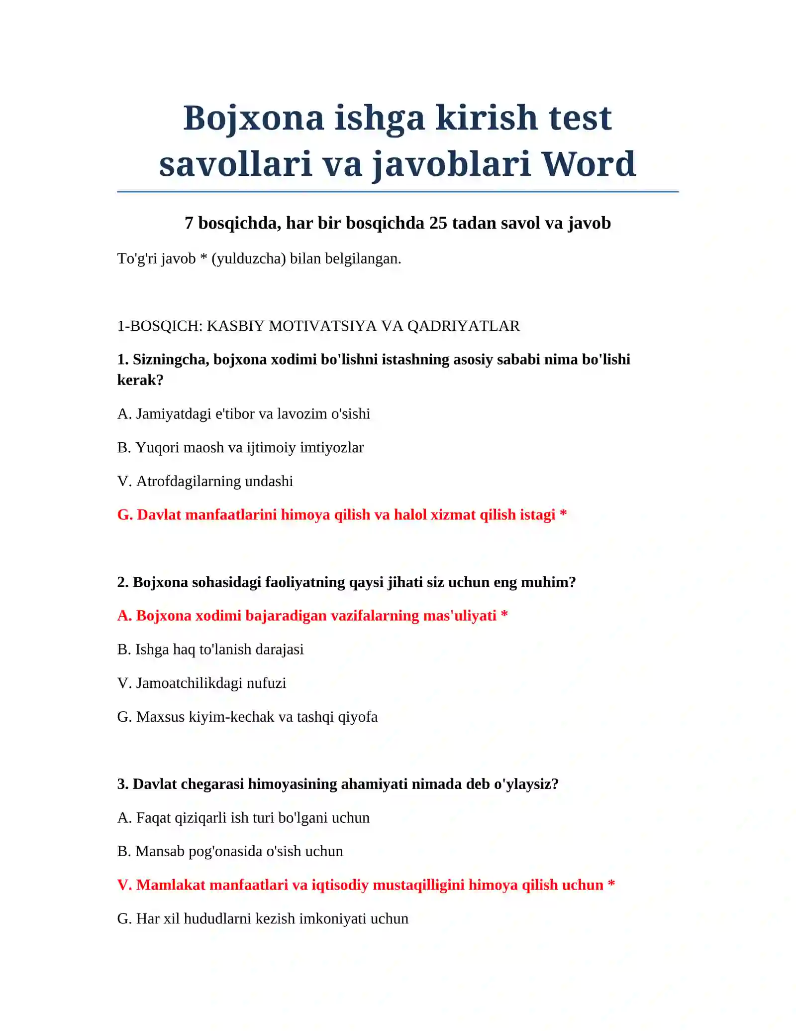 Bojxona ishga kirish test savollari va javoblari Word 2