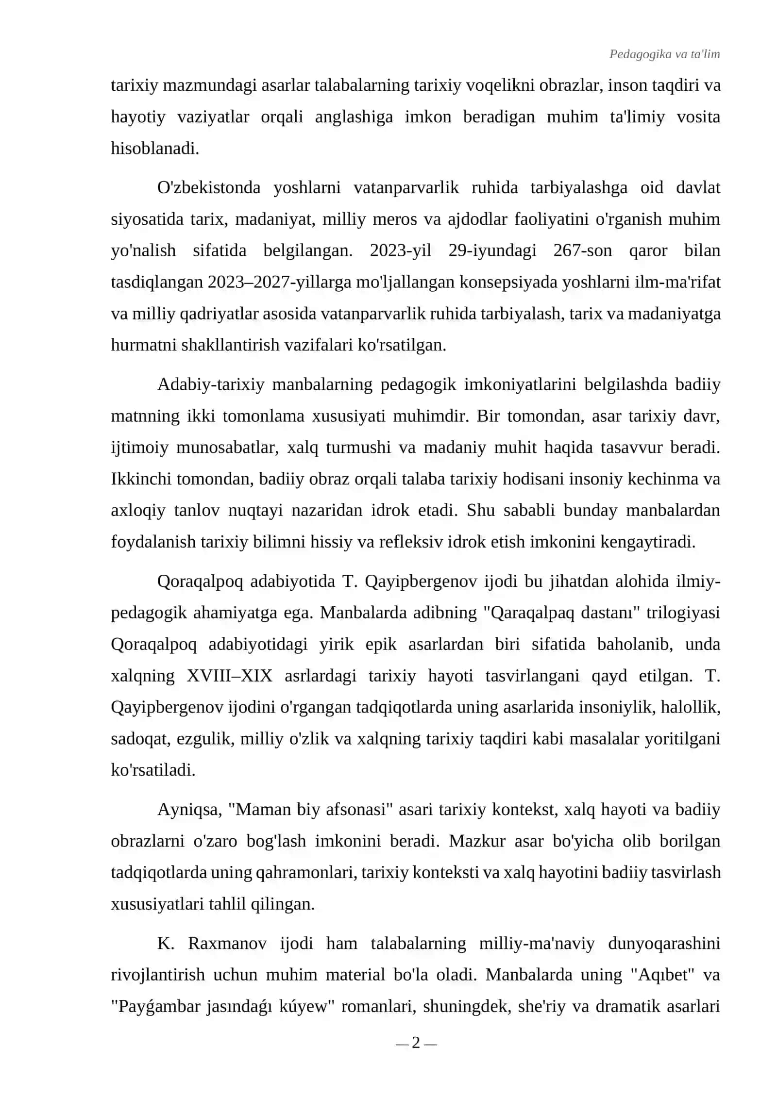 ADABIY-TARIXIY MANBALARNI TA'LIM JARAYONIGA TATBIQ ETISH ORQALI TALABALARDA VATANPARVARLIK TUYG'USINI RIVOJLANTIRISH 2