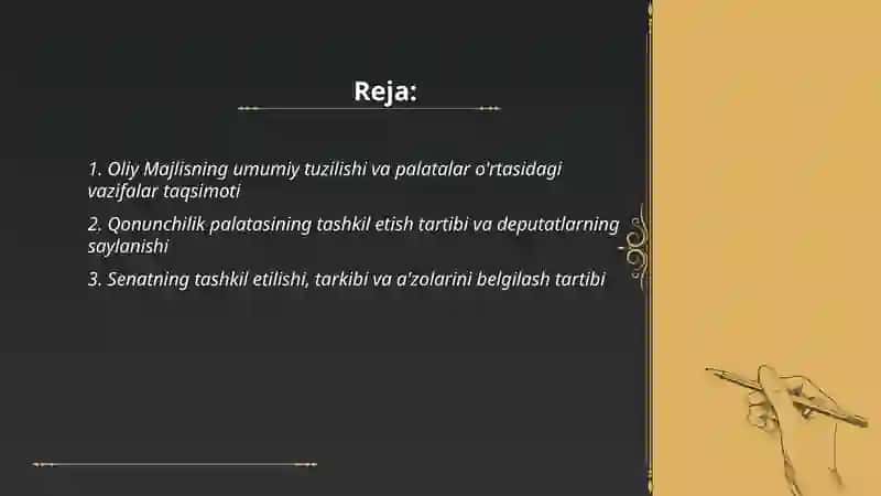 Oliy Majlisning tarkibiy tuzilishi va palatalarni tashkil etish tartibi. Oliy Majlis palatalarining vakolatlari 2