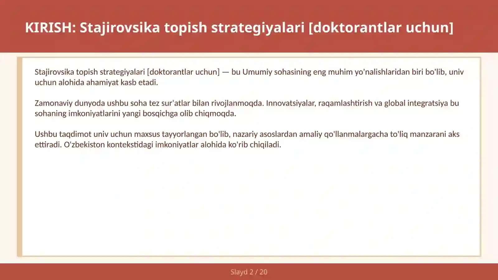 Stajirovsika topish strategiyalari [doktorantlar uchun] 2