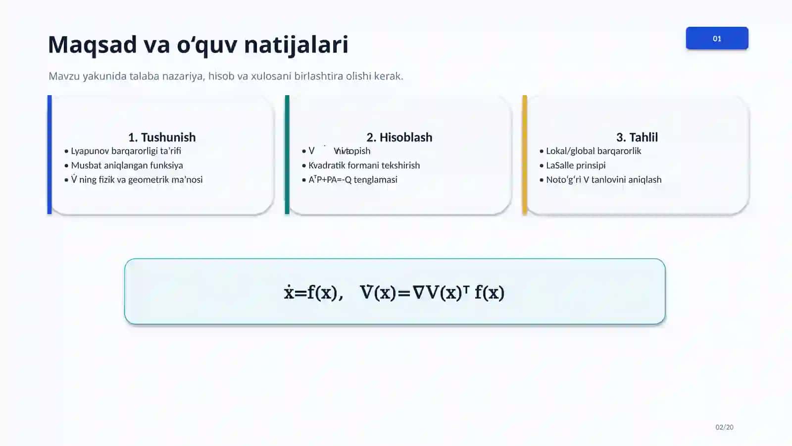 Lyapunov funksiyasining xossalariga tegishli aniq masalalar 2
