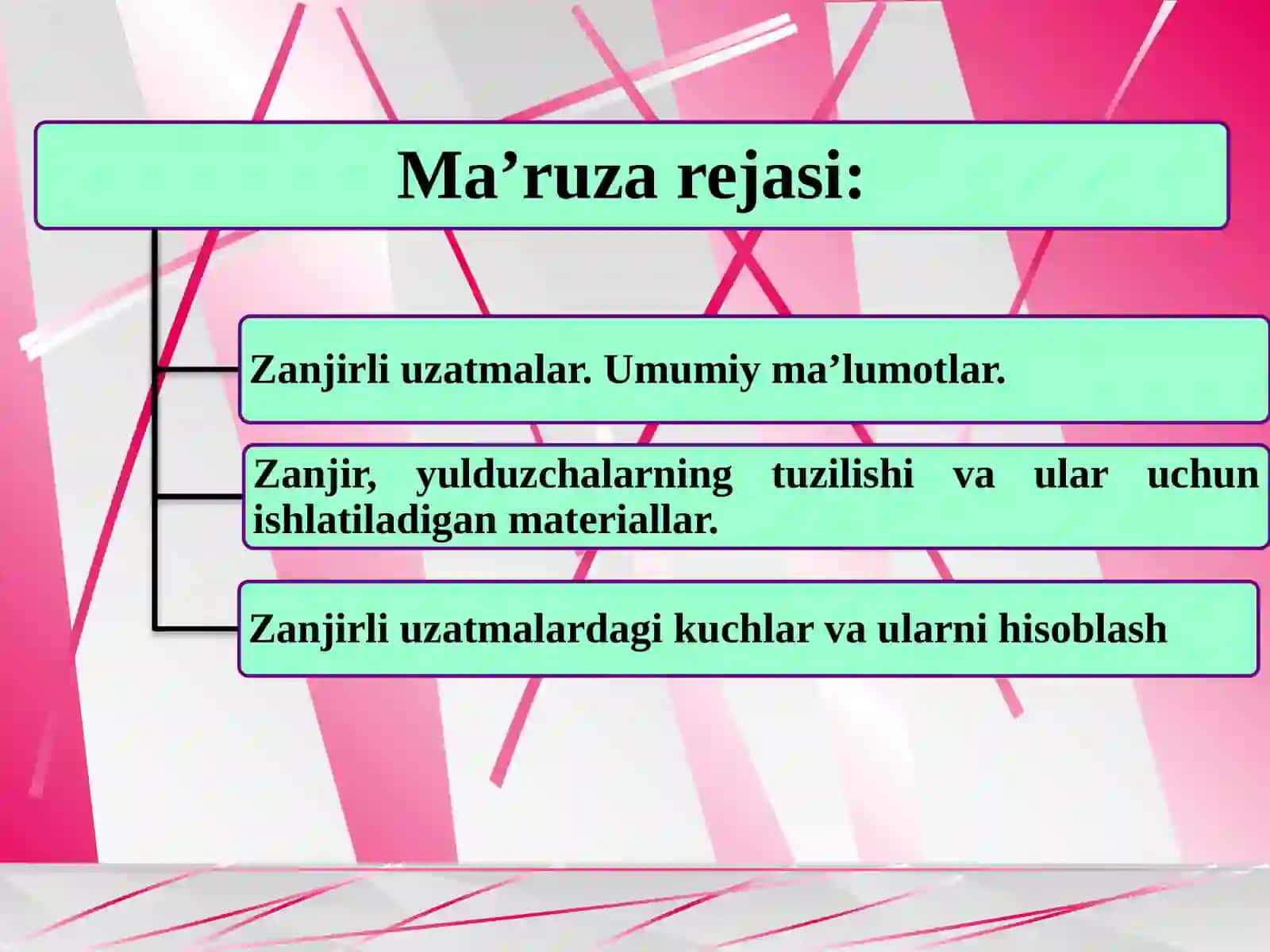 Zanjirli uzatmalar.Zanjir,yulduzchalarningtuzilishivaularuchunishlatiladiganmateriallar.Zanjirliuzatmalarnihisoblash 2