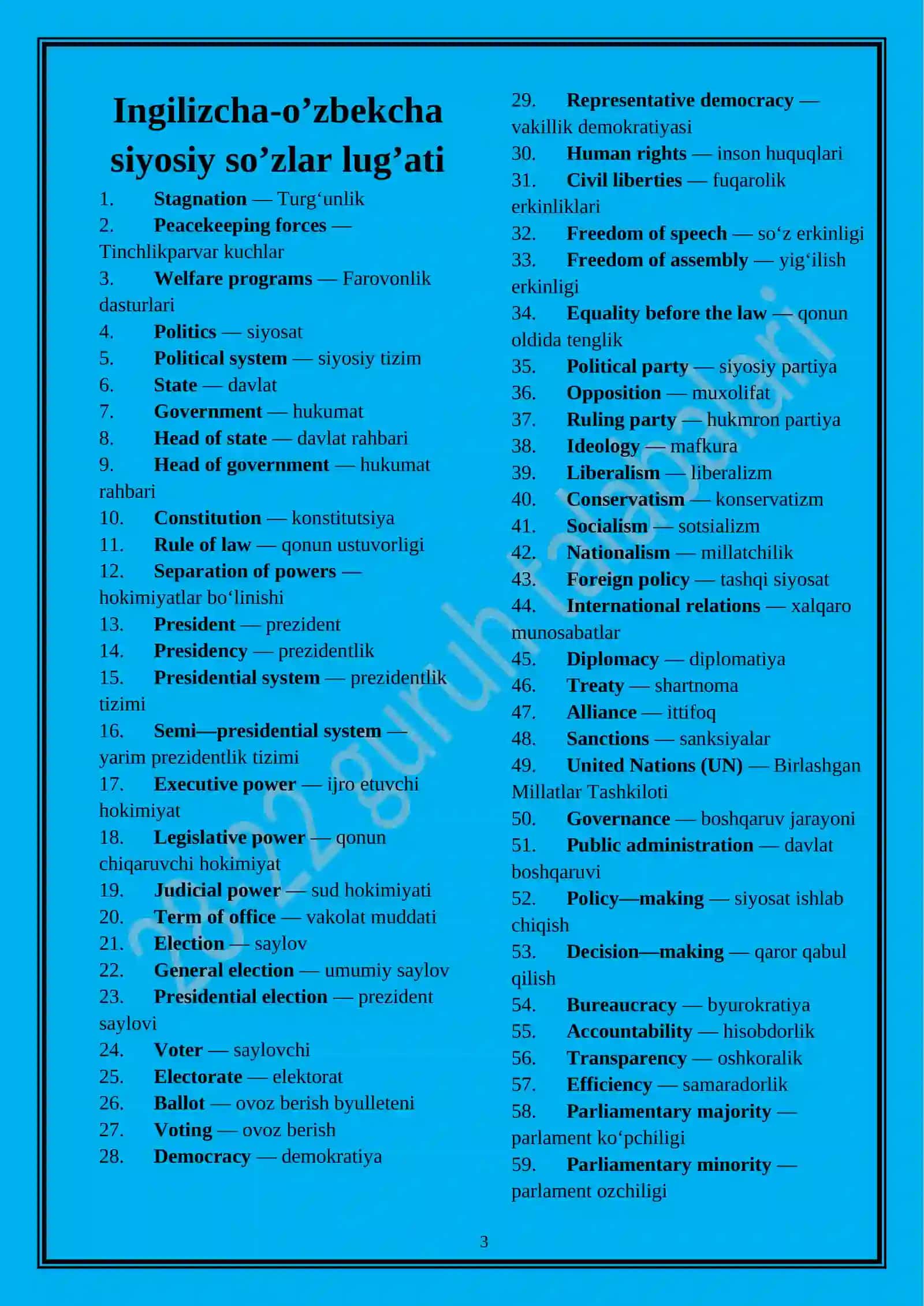 Political science dictionary. Siyosatshunoslik lug'at. Ingilizcha-o’zbekcha siyosiy so’zlar lug’ati 2