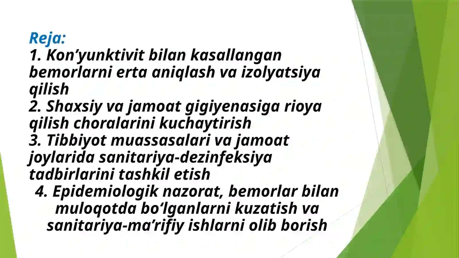 Kon’yunktivitlarni birdan epidemik avj olishini oldini olish bo‘yicha profilaktik chora tadbirlar 2