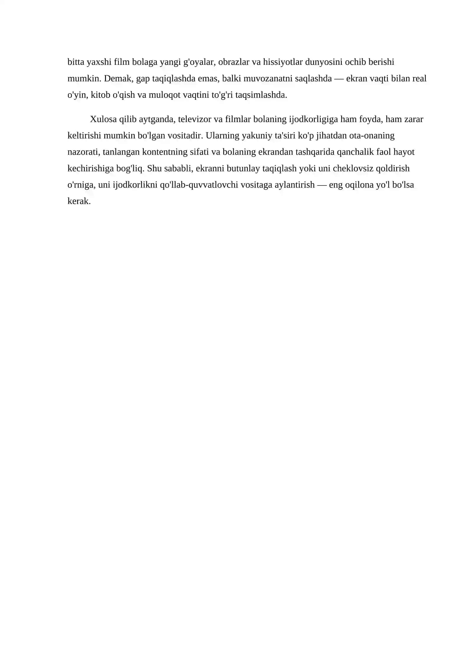 Bolalarning Ijodkorligi va Televizor To'g'risida O'rtacha Barobarlik 2