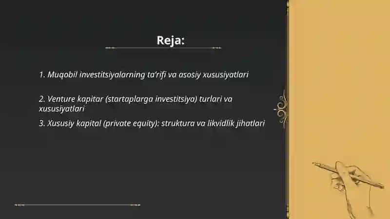 Muqobil Investitsiyang Asosiy turlari va xususiyatlari 2