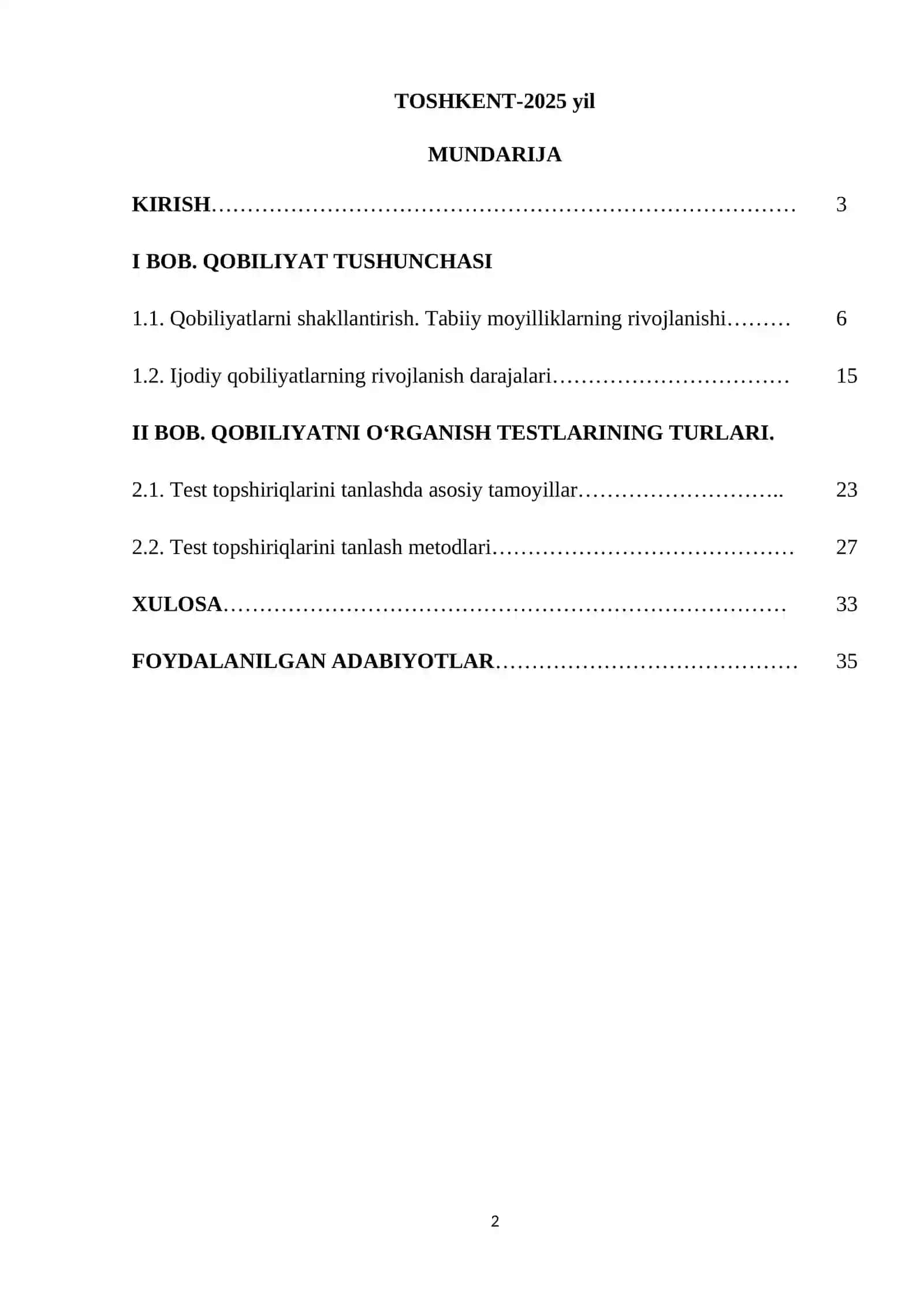 Qobilyatni o’rganish test topshiriqlarinin tanlash 2