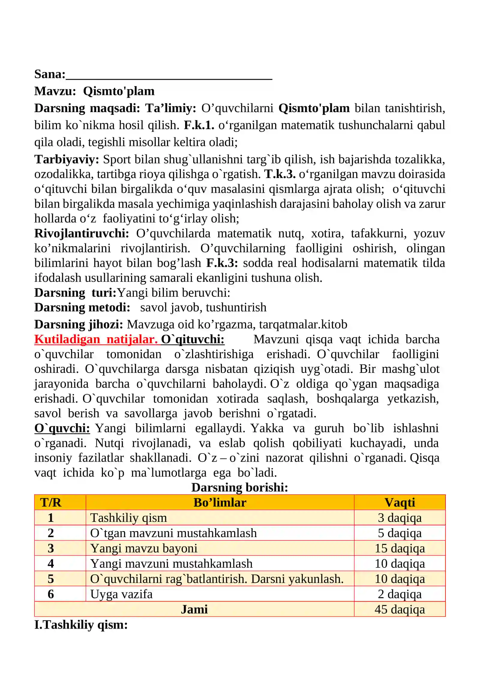 Qismto'plam mavzusida 3-sinf Matematika fanidan dars ishlanmasi 2