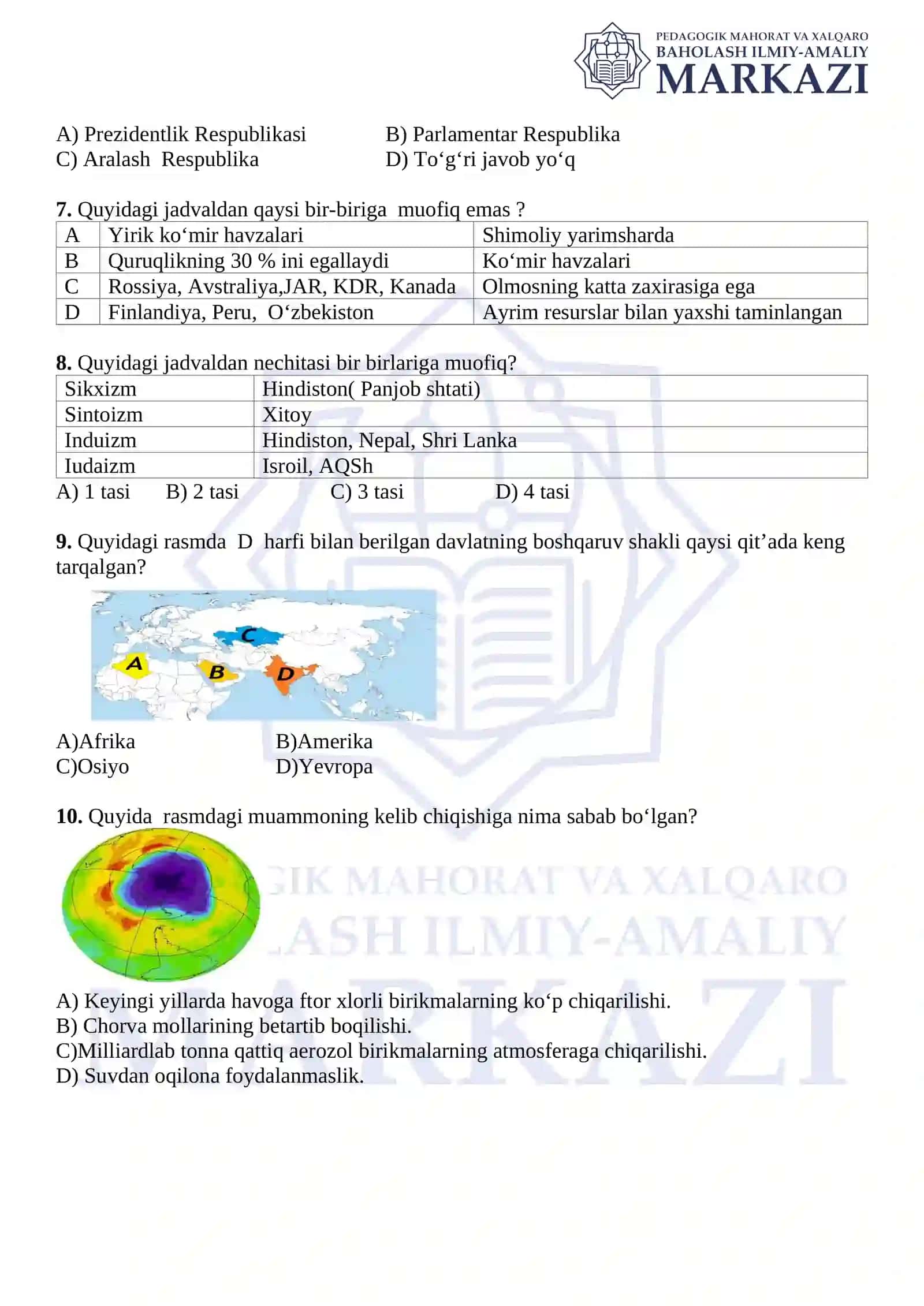 Geografiya fanini o‘zlashtirish test topshiriqlari 2
