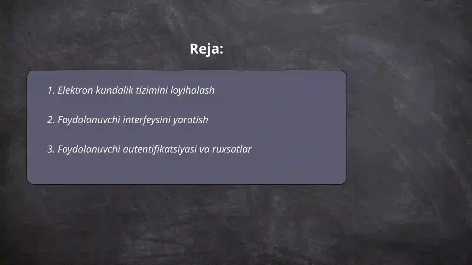 Ta’lim muassasasining elektron kundaligi va jurnalini yuritish uchun web ilova ishlab chiqish va tizimni konstruksiyalash va murakkabligini minimallashtirish 2