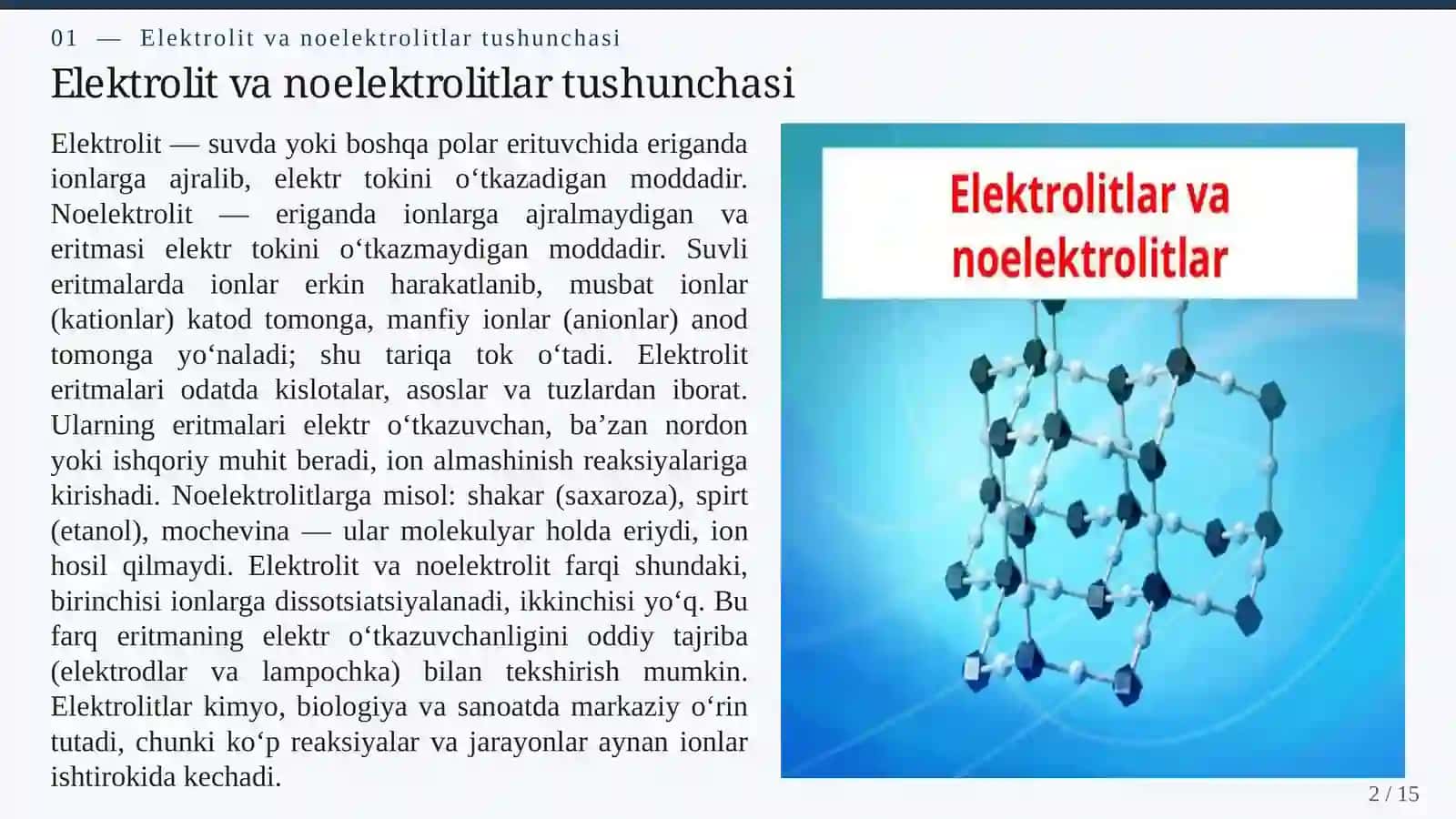 ELEKTROLITIK DISSOTSIATSIYA VA ELEKTROLITLAR: IONLAR, ELEKTR O‘TKAZUVCHANLIK VA ERITMALARDAGI JARAYONLAR 2