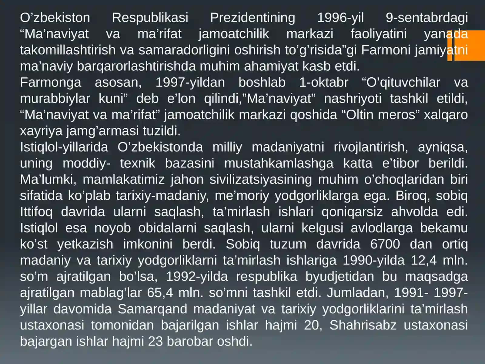 MUSTAQILLIK YILLARIDA O‘ZBEKISTONDAGI MA’NAVIY VA MADANIY TARAQQIYOT. 2