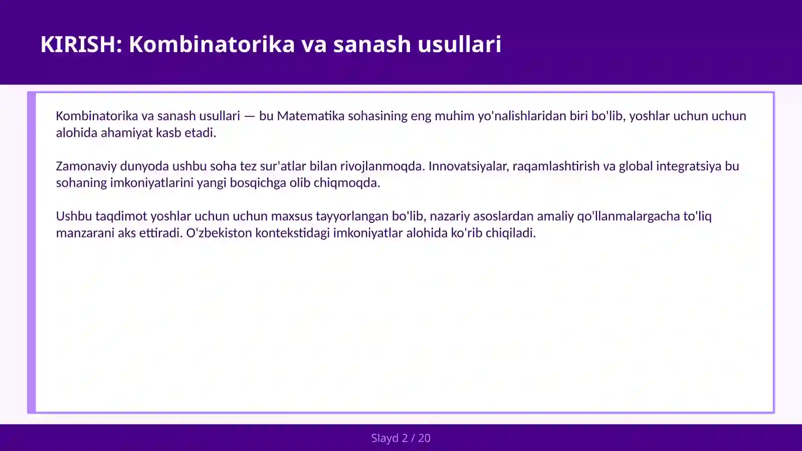 KOMBINATORIKA VA SANASH USULLARI 2