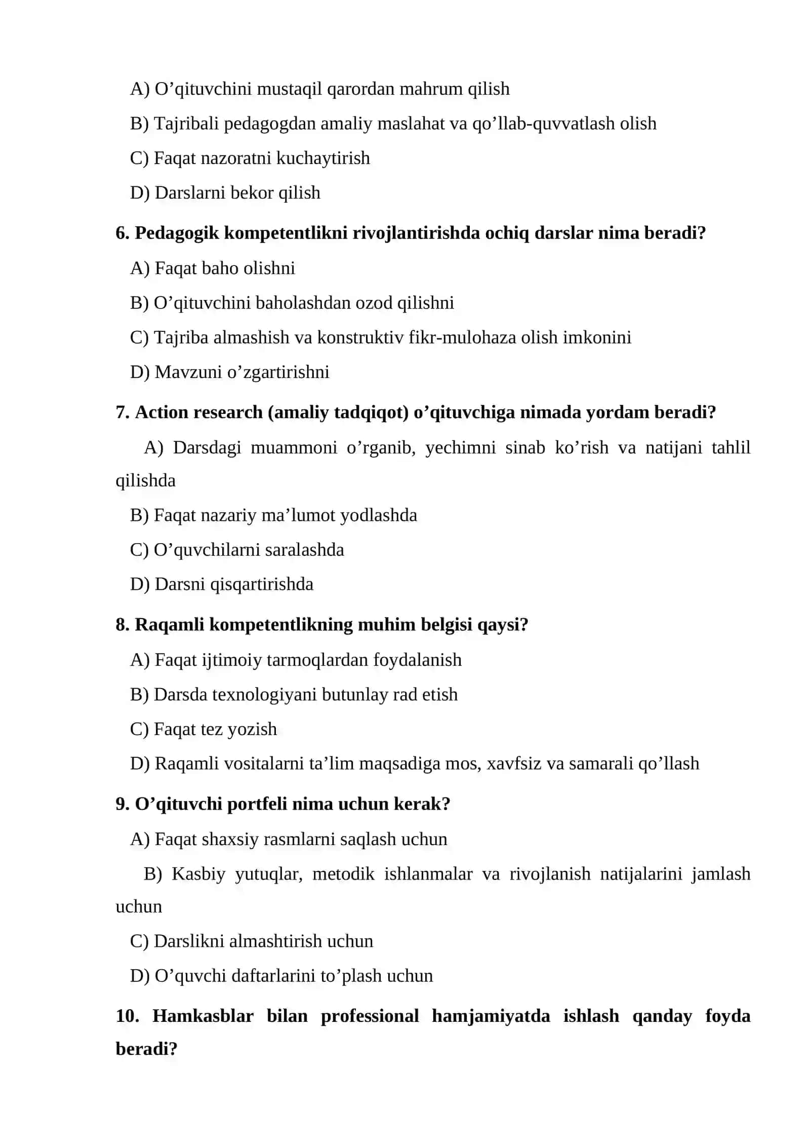 O’qituvchining uzluksiz kasbiy rivojlanishi va pedagogik kompetentligini takomillashtirish testi 2