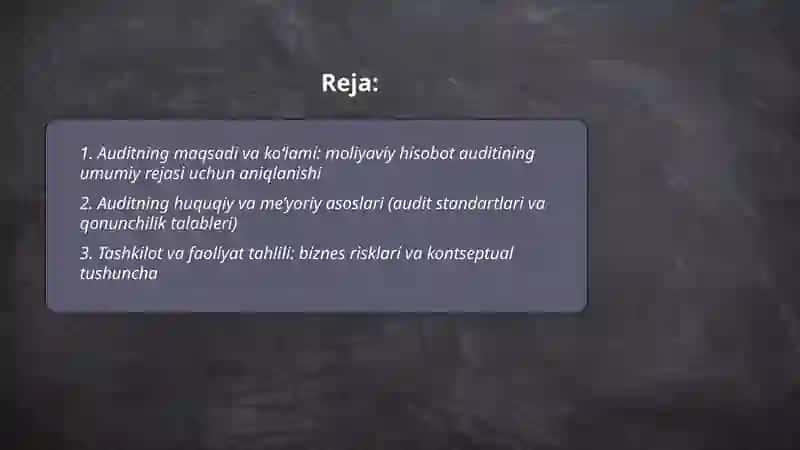 Moliyaviy hisobot auditining umumiy rejasi va dasturini tayyorlash 2